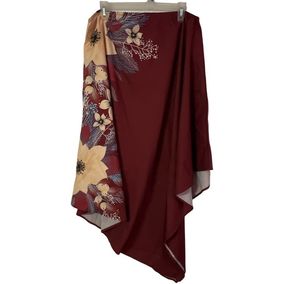 Burgundy Red Floral Flowers Print One Shoulder Batwing Sleeve Vacation Dress - Picture 3 of 7